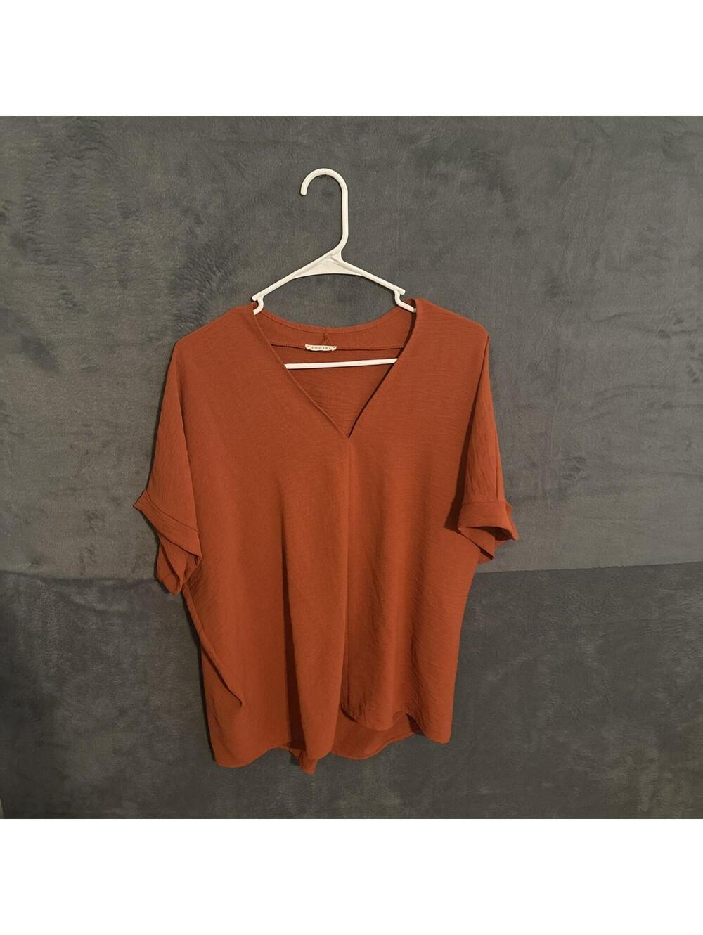 Jodifl V Neck Short Sleeve Blouse Women's Small Orange Oversized. Comfort